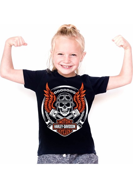 Motorcu Kurukafa Siyah Kısa Kollu Unisex Çocuk T-Shirt