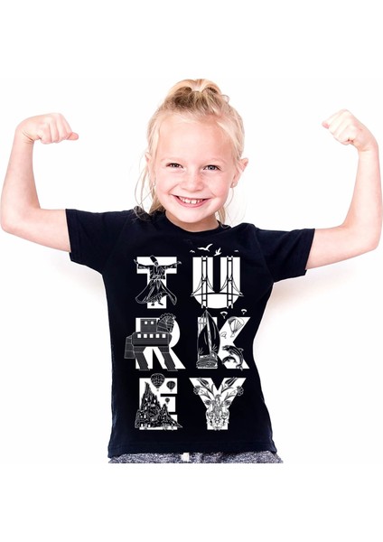 Türkiye Harfler Siyah Kısa Kollu Unisex Çocuk T-Shirt