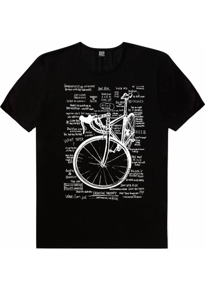 Yarış Bisikleti Yazılar Siyah Kısa Kollu T-Shirt