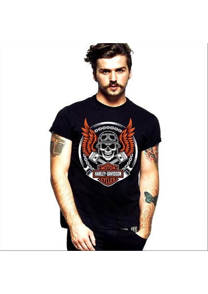 Motorcu Kurukafa Siyah Kısa Kollu T-Shirt
