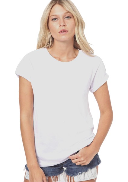 Düz Baskısız Basic Beyaz Kısa Kollu Kadın Kadın T-Shirt