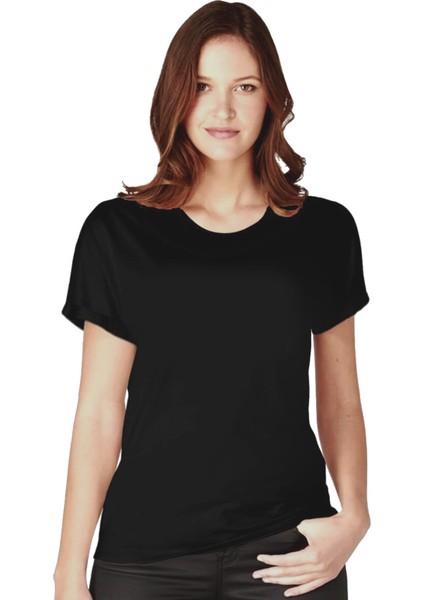 Düz Baskısız Basic Siyah Kısa Kollu Kadın Kadın T-Shirt