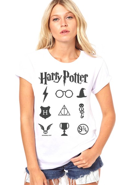 Hp Semboller Beyaz Kısa Kollu Kadın Kadın T-Shirt
