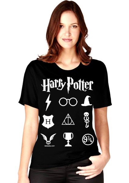 Hp Semboller Siyah Kısa Kollu Kadın Kadın T-Shirt