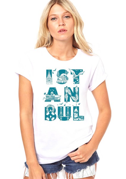 İstanbul Harfler Beyaz Kısa Kollu Kadın Kadın T-Shirt