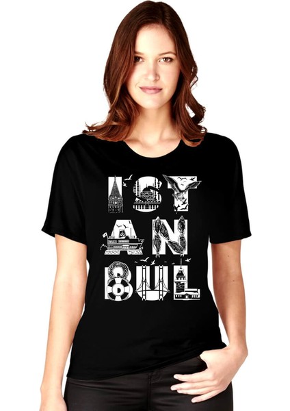 İstanbul Harfler Siyah Kısa Kollu Kadın Kadın T-Shirt