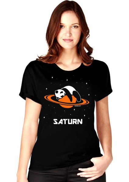 Satürnde Panda Siyah Kısa Kollu Kadın Kadın T-Shirt