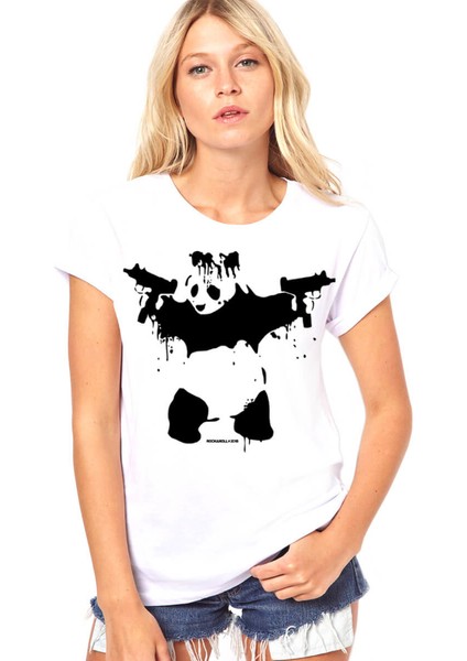 Uzi Tabancalı Panda Beyaz Kısa Kollu Kadın Kadın T-Shirt