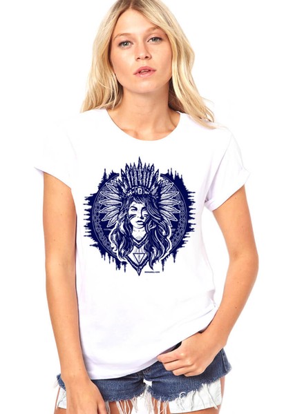Kızılderili Kız Beyaz Kısa Kollu Kadın Kadın T-Shirt