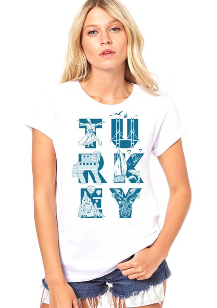 Türkiye Harfler Beyaz Kısa Kollu Kadın Kadın T-Shirt