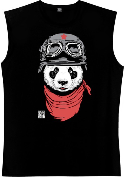 Bandanalı Panda Siyah Kesik Kol Kolsuz T-Shirt Atlet