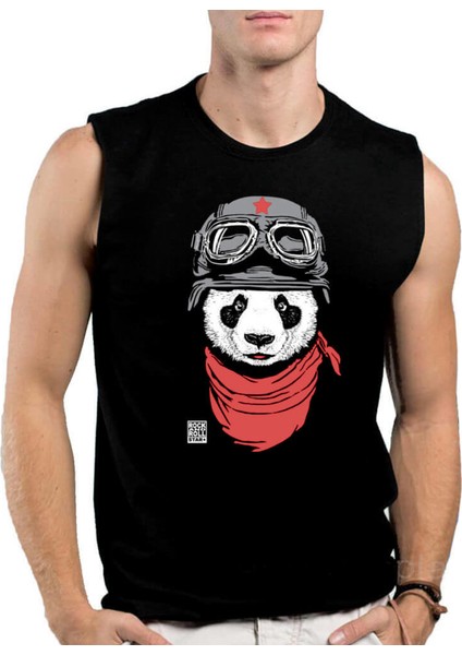 Bandanalı Panda Siyah Kesik Kol Kolsuz T-Shirt Atlet