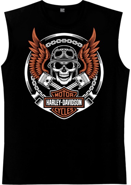 Motorcu Kurukafa Siyah Kesik Kol Kolsuz T-Shirt Atlet
