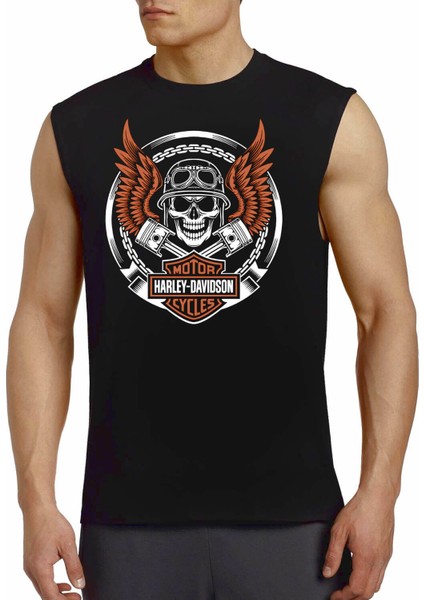 Motorcu Kurukafa Siyah Kesik Kol Kolsuz T-Shirt Atlet