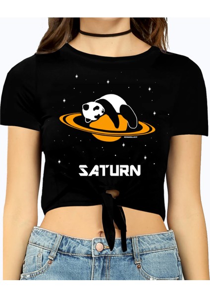Satürnde Panda Siyah Kesik Crop Top Bağlı Kadın T-Shirt