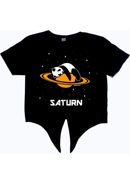 Satürnde Panda Siyah Kesik Crop Top Bağlı Kadın T-Shirt modelleri