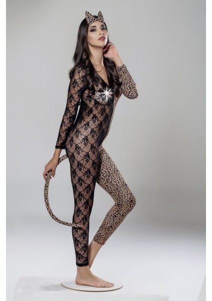 Moonli̇ght 9024 Leopar Desenli̇ Dantel Cat Sui̇t Kedi̇ Kadın Kostümü