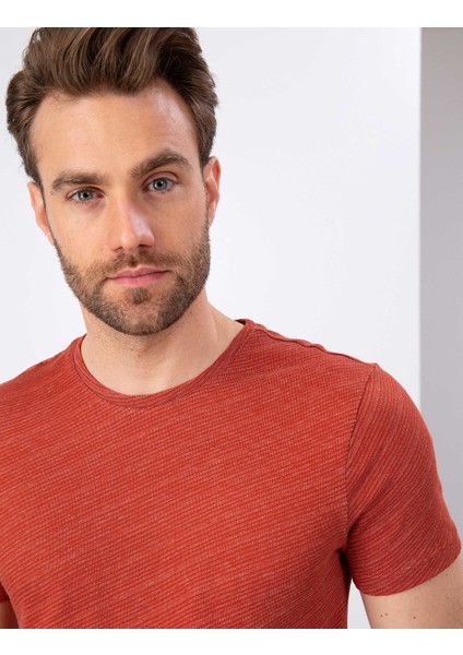 Erkek Kiremit Slim Fit Bisiklet Yaka Tişört 50200628-VR031