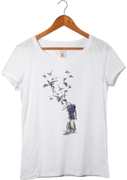 Bsiklet Baskılı Kadın Beyaz T-Shirt