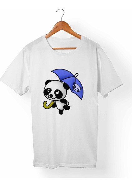 Panda Şemsiye Baskılı Unisex-Erkek Beyaz T-Shirt