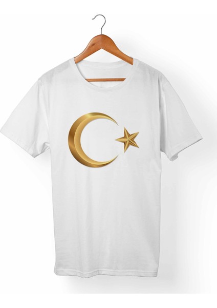 Ay Yıldız Türk-Bozkurt Unisex-Erkek Beyaz T-Shirt