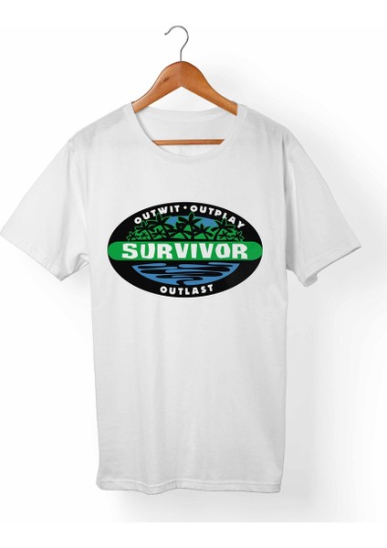 Survivor Unisex-Erkek Beyaz T-Shirt