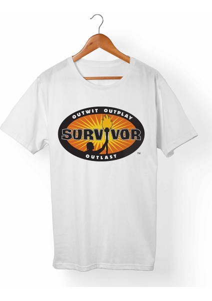 Survivor Unisex-Erkek Beyaz T-Shirt