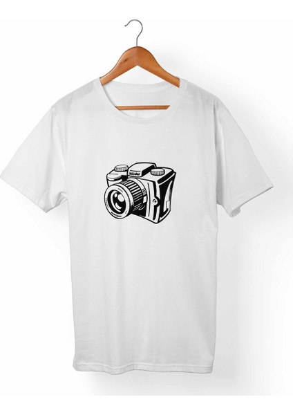 Fotoğraf Makinası Baskılı Unisex-Erkek Beyaz T-Shirt