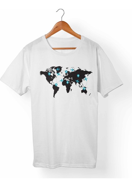 Uçak-Travel Baskılı Beyaz T-Shirt