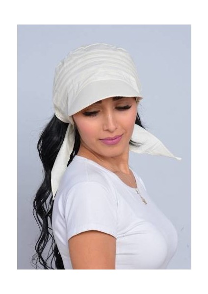 Bağlamalı Eşarp Siperli Beyaz Bandana Şapka