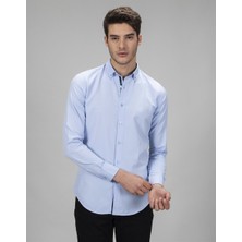 Tudors Erkek Slim Fit Dar Kesim Uzun Kollu Pamuklu Oxford Doku Kolay Ütülenebilir Mavi Düğmeli Yaka Gömlek