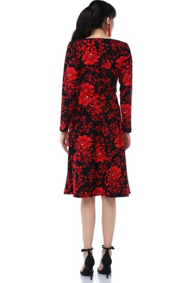 Ust Kadın Kırmızı Siyah Çiçekli Elbise