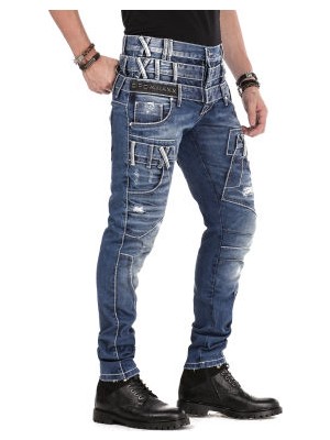 Cipo&Baxx CD466 Farklı Tarz Üç Katlı Bel Eskimiş Erkek Mavi Jean