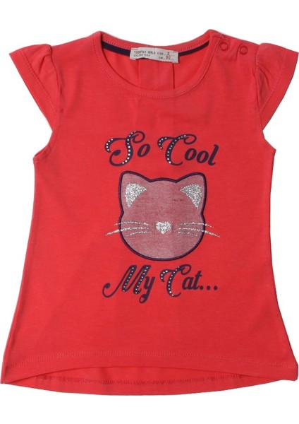 Kız Bebek Simli Kedi Baskılı T-Shirt