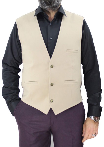 V Yaka Yelek Slim Fit Spor Model Bej 50239