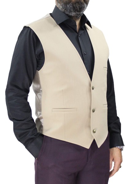 V Yaka Yelek Slim Fit Spor Model Bej 50239 fiyatları