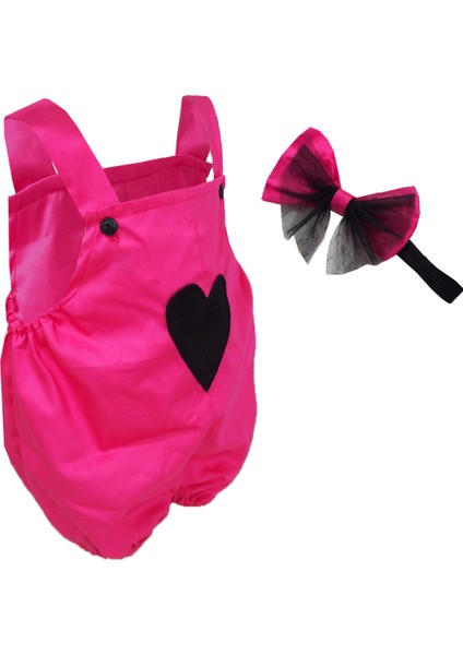 Kalp Aplikeli Kız Bebek Tulum Bandana Takım Fuşya