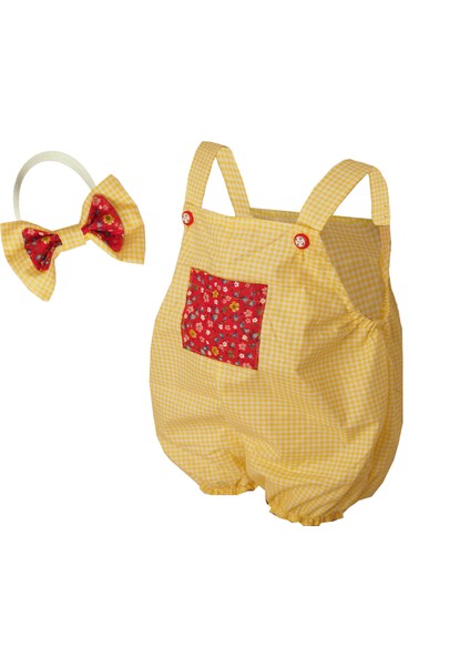 Cep Detaylı Kız Bebek Tulum Bandana Takım Sarı
