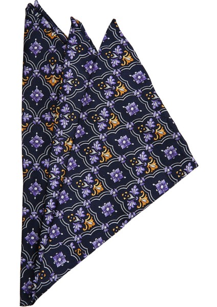 Lacivert Motif Baskılı İpek Mendil SPS363