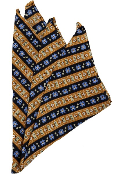 Sarı - Lacivert Motif Baskılı İpek Mendil SPS307