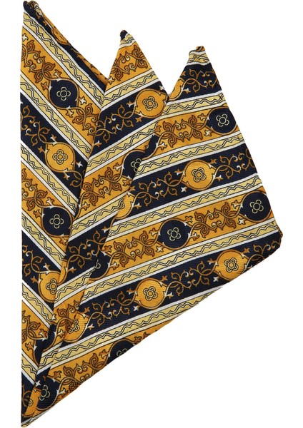 Sarı - Lacivert Motif Baskılı İpek Mendil SPS374