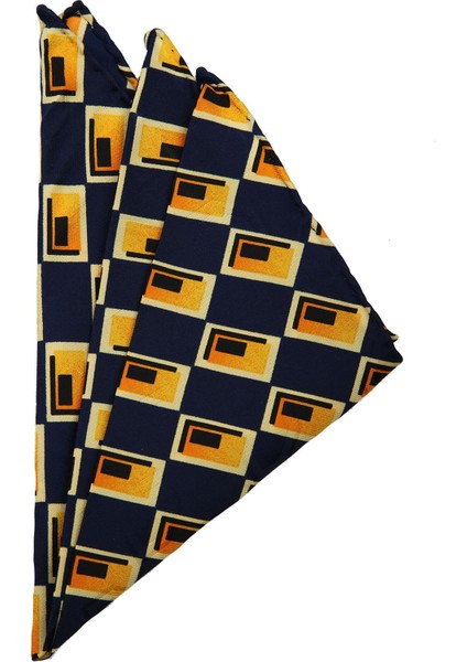 Sarı - Lacivert Motif Baskılı İpek Mendil SPS404