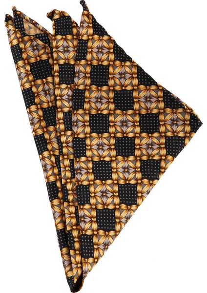 Siyah - Sarı Motif Baskılı İpek Mendil SPS114