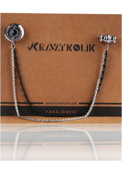 Siyah Kristal Taşlı Zincirli Yaka İğnesi YI236