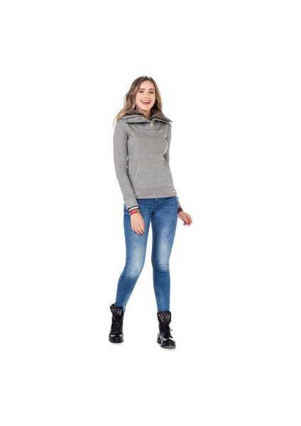 Cipo&Baxx WL188 Çift Kat Yakalı Düz Siyah Cepli Kadın Sweatshirt