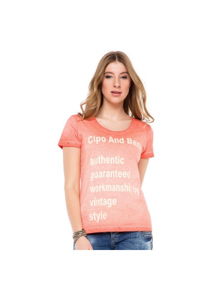 Cipo&Baxx WT223 Yazı Baskılı Parlak Taşlı Kahverengi Kadın T-Shirt