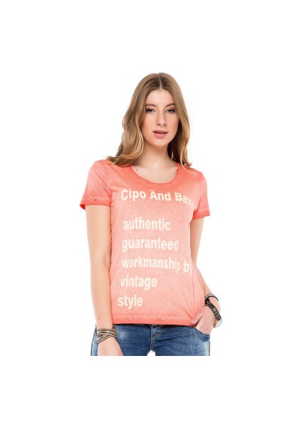 Cipo&Baxx WT223 Yazı Baskılı Parlak Taşlı Kahverengi Kadın T-Shirt fırsatları
