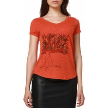 Mumu Tree of Life - Soydan Aydoğdu Tasarımı Turuncu Kadın V Yaka T-Shirt