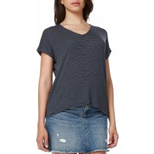 Mumu Lacivert Beyaz Çizgili Basic V Yaka T-Shirt