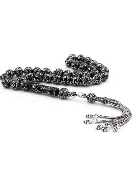 Yeşil Mineli Gümüş Püsküllü Erzurum Oltusu Tesbih Th865